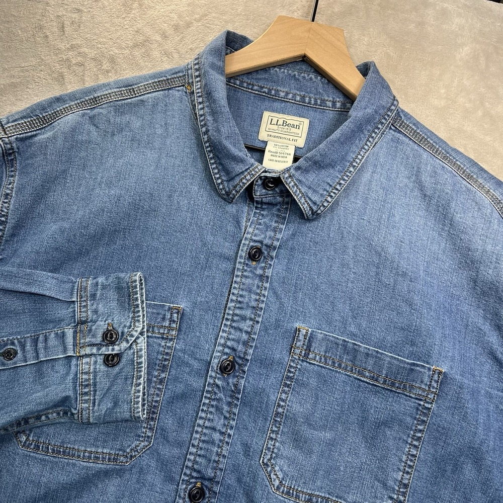 L.L.Bean Beanflex Denim Shirt Mens XL Blue Stretch Button Front Long Sleeve